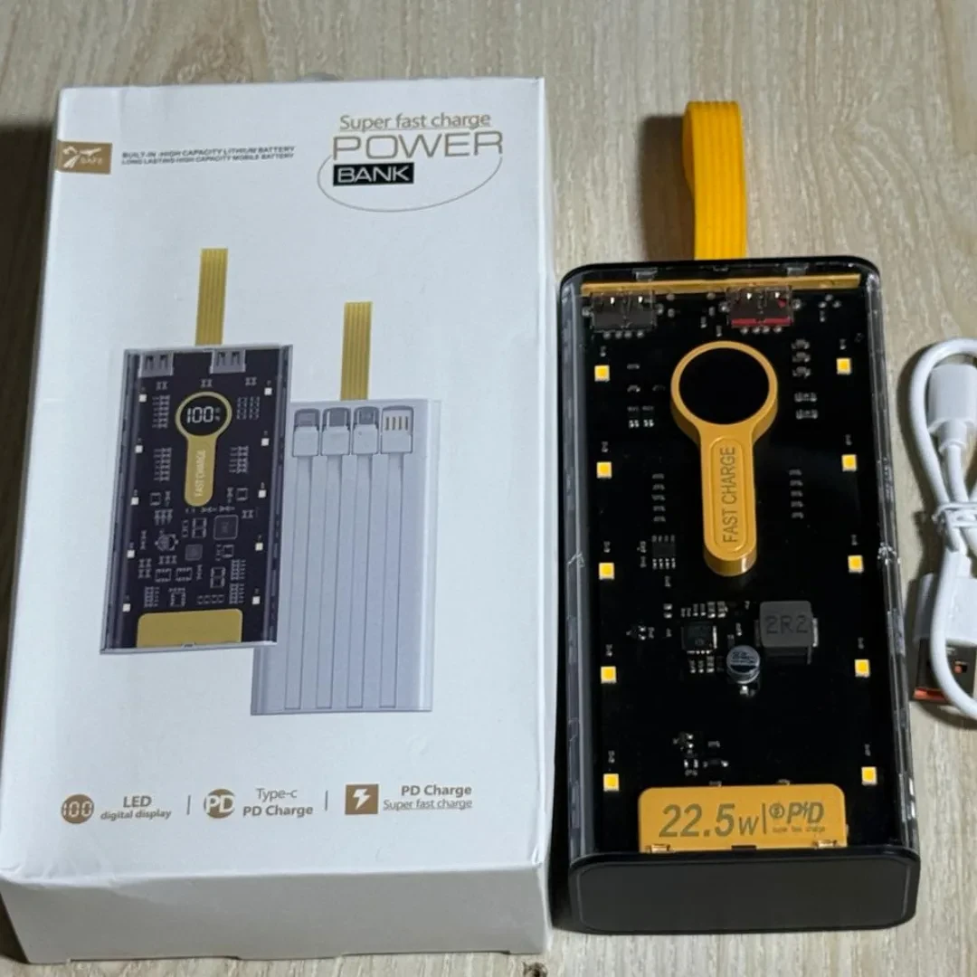 ? Transparent Power Bank with LED & Universal Charging Cables – 20000mAh ?